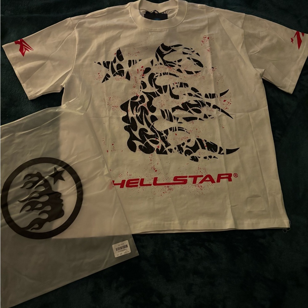Red and White Short Sleeve Tee with Hellstar Graphic